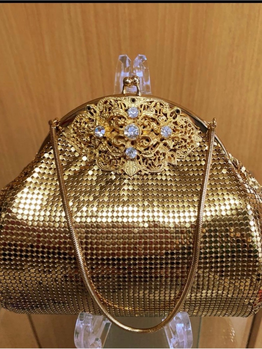 VTG 1960s Whiting Davis Gold  Mesh Frame Evening Bag Chain & Crystal Design RARE